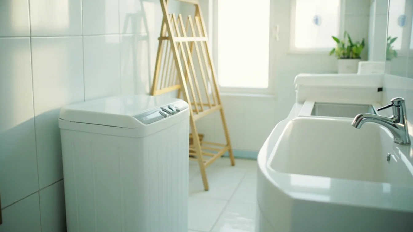 A bright bathroom corner with a compact white portable washing machine next to a kitchen sink, faucet adapter visible, a foldable drying rack in the background, morning light streaming through a small window