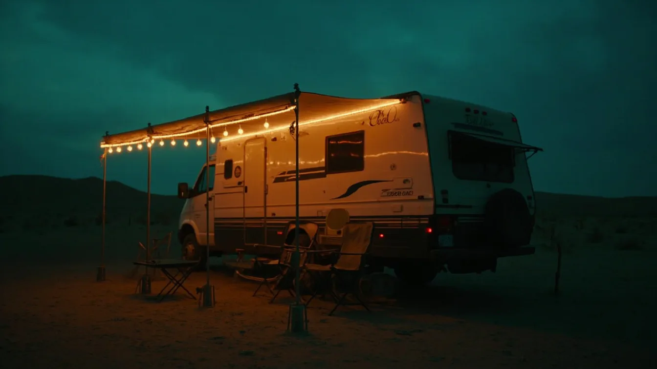 A camper van at a desert campsite with an extended awning — Camco LED rope light glowing along the awning edge, string lights hanging from Camco light holders creating warm ambiance, and Dulepax pull straps securing the awning in place — a couple sitting in camp chairs enjoying the evening shade.