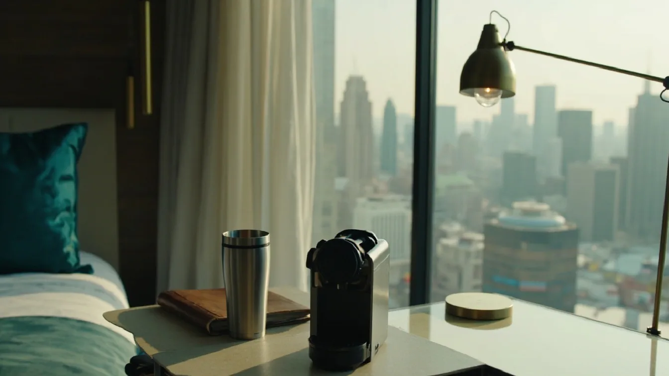A sleek hotel desk corner in morning light, a compact single-serve coffee maker next to a travel mug and a leather notebook, city view through window