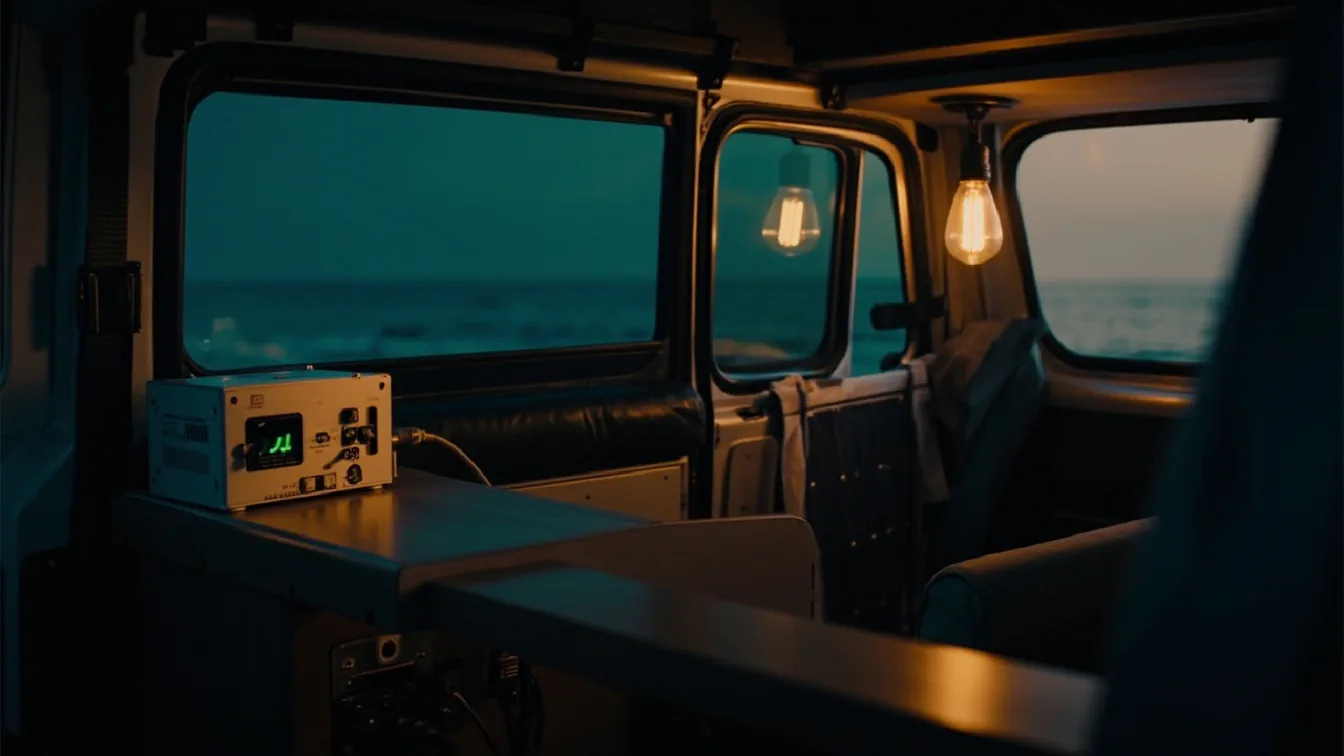 A compact lithium power station on a low van cabinet at blue hour, its display glowing green, a 12V cigarette-lighter cable running to a folding solar panel leaning against the open side door, a USB-charged lantern hanging from an overhead bungee cord.