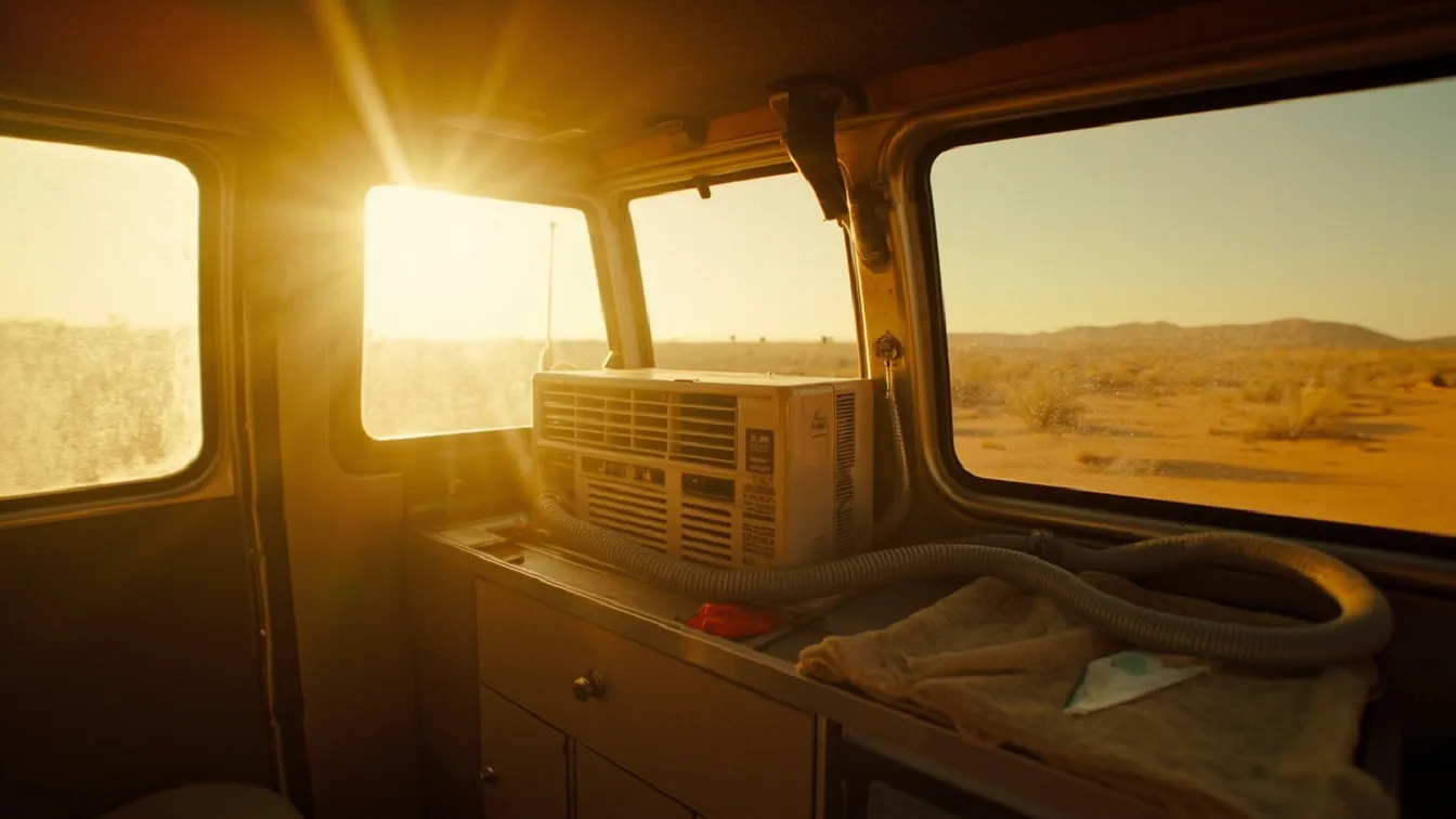 A 12V rooftop air conditioner vented through a van ceiling, a portable 10000BTU unit mounted in the rear window with a foam gasket, a coiled condensation drain hose over a low cabinet, an interior thermometer on a folded linen towel, late-afternoon desert sun.