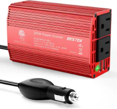 BESTEK 300W power inverter plugged into a van cigarette lighter, charging a laptop and a camera battery