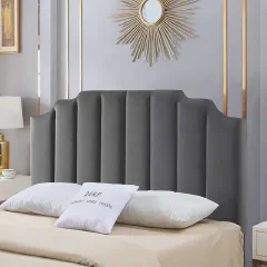 24KF Dark Gray Velvet Tufted Queen Upholstered Headboard, Modern Vertical Channel Design
