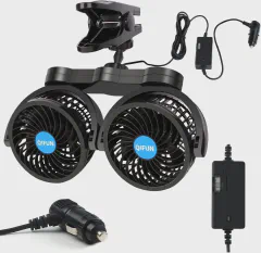 QIFUN Car Fan Adjustable Dual Head 12V 360° Rotatable 4 Inches Car Clip Fan for Front/Rear Seat Passenger Car Essentials Cooler with Stepless Speed Regulation for Vehicle SUV, RV
