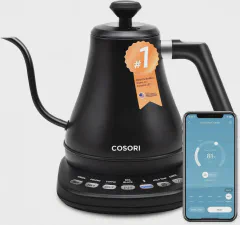 Cosori Electric Gooseneck Kettle Smart Bluetooth with Variable Temperature Control, Pour Over Coffee & Tea, 100% Stainless Steel Inner Lid & Bottom, Quick Heating, Matte Black