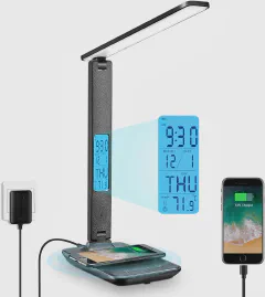 LAOPAO Desk Lamp with Wireless Charger, USB Charging Port, Dimmable Office Desk Light with Clock, Alarm, Date, Temperature Display for Home Office College Dorm