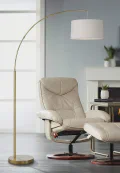 360 Lighting Cora Modern Mid Century Arc Floor Lamp Standing 72" Tall Classic Brass Gold White Linen Drum Shade
