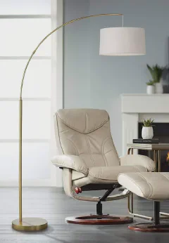 360 Lighting Cora Modern Mid Century Arc Floor Lamp Standing 72" Tall Classic Brass Gold White Linen Drum Shade