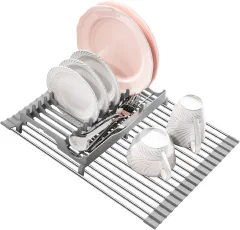 Upgraded Roll Up Dish Drying Rack(17.1" x 13.1") Over Sink Dish Drainer Foldable Stainless Steel Trivet for Kitchen Countertop