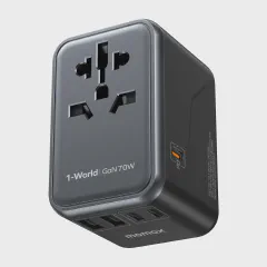MOMAX Universal Travel Adapter 70W GaN, 3 USB-C PD & 2 USB-A QC, International Power Adapter Outlet, 6-in-1 Wall Charger for Laptop, Phone, European Travel Plug Adapter for UK/US/AUS/JP