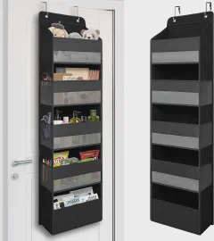 TYMENSH Black Over Door Organizer with 5 Large Clear Pockets and 6 Side Mesh Pockets, Behind Door Storage for Entryway, Bedroom, Bathroom, Apartment