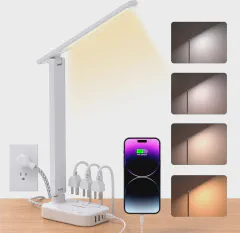 One Beat Small LED Desk Lamp Power Strip 5ft Extension Cord with 3 Outlets 4 USB Ports(2 USB C), 4 Modes, 5 Level Touch Lamp Study Reading Light, Home Office Bedroom College Dorm Room Essentials,White