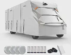 FRUNO Oxford Fabric Class C RV Cover Fits 23'-26' Waterproof Rip-Resistant Anti-UV Motorhome Camper Cover for Winter Snow with 4 Tire Covers and Gutter Covers