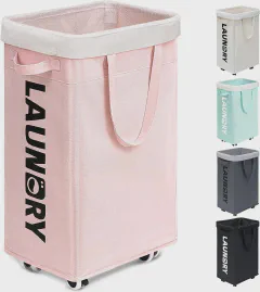 Goodpick Pink Laundry Basket with Wheels, Dorm Room Essentials for Girls, 75L Collapsible Laundry Basket, Laundry Hamper with Handle for College Dorm