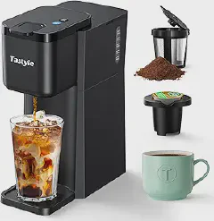 Tastyle Mini Hot and Iced Coffee Maker Single Serve, for K Cup and Ground, 6 to 14 Oz Brew Sizes, with Recipe Book, for Home, Travel, RV, Office and Dorm,Classic Black (2.0 Version)