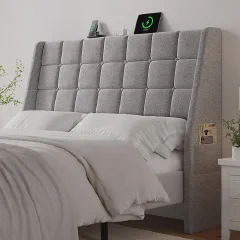 Ergonomic Upholstered Headboard Queen Size w/Charging Station, Linen Wingback w/Storage Pocket