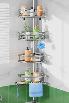 HAMITOR Shower Caddy Tension Pole: Rustproof Quick Install Corner Bathroom Organizer Shelf on Floor for Renters - 4-Tier Large Capacity Storage Rack with Soap Holder for Apartment -47-121 Inch/Silver