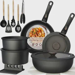 Astercook 21 Pcs Pots and Pans Set Non Stick, Ceramic Cookware Set Detachable Handle, RV Kitchen Cooking Set Removable Handles, Oven Safe, Induction Ready, Stackable, Black, Fathers Day Gift for Men