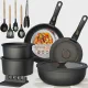 Astercook 21 Pcs Pots and Pans Set Non Stick, Ceramic Cookware Set Detachable Handle, RV Kitchen Cooking Set Removable Handles, Oven Safe, Induction Ready, Stackable, Black, Fathers Day Gift for Men