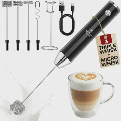 Zulay Kitchen Rechargeable Milk Frother Handheld - Frother Wand, Drink Mixer, Electric Whisk Frother, for Cappuccinos, Matcha & Protein Powder - Lux 4 Whisk 2 Speed Waterproof 2000mAh Alpha Black