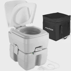 Alpcour Portable Toilet – Compact Indoor & Outdoor Commode w/Travel Bag for Camping, RV, Boat – Piston Pump Flush, 6 Gallon Waste Tank, Built-In Pour Spout & Washing Sprayer for Easy Cleaning