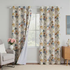 MYSKY HOME Floral Linen 100% Blackout Curtains 84 Inch Length 2 Panels for Living/Dining Room Bedroom Double Layer Therm