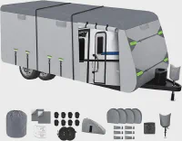 8-Layer Thickened RV Cover, 20-22ft Ultra Windproof & Tear Resistant Travel Trailer Cover, All-Weather Camper Cover with 8 Vents & 8+2 Extra Long Windproof Ropes, and Complete Kit