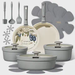 Carote 20pcs Ceramic Cookware Set with Detachable Handles, Pots and Pans Set Non Stick, RV Kitchen Cooking Pot and Pan, Dishwasher Safe, Non-toxic Induction Cookware PFAS and PFOA Free, Grey